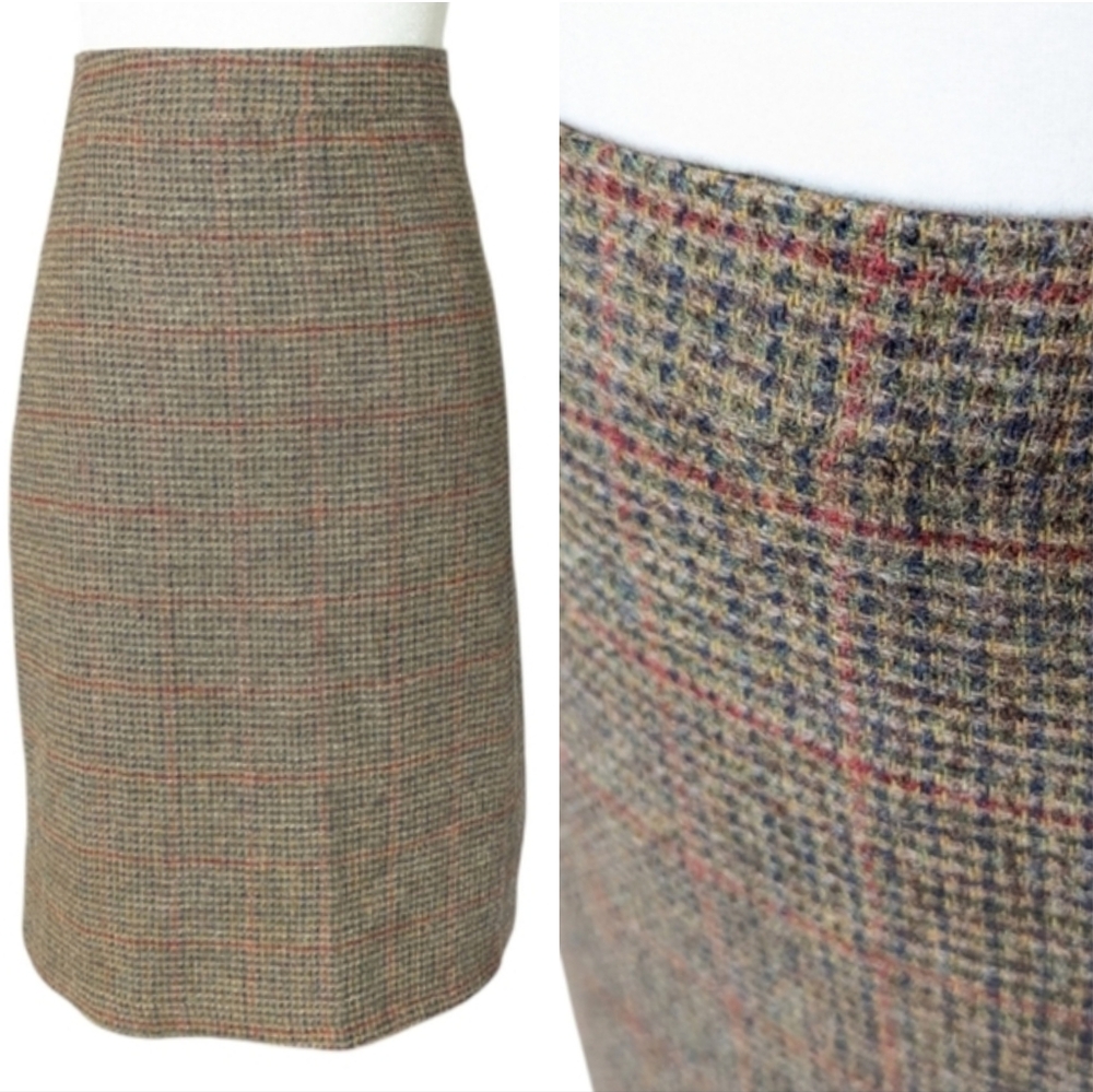 Vintage Wool Pencil Skirt Sz 16 Brown Green Yellow Blue Red w Slit Made In Egypt